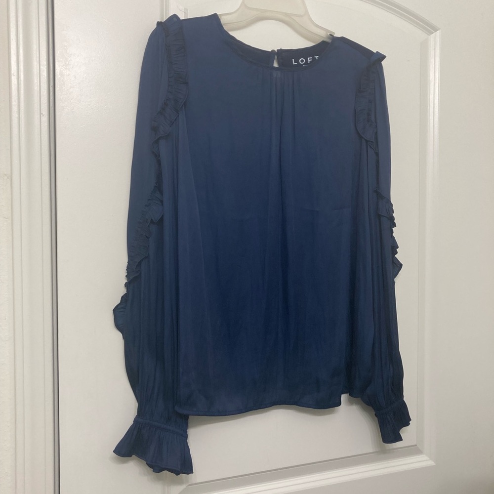 LOFT Blue Ruffled Blouse with Flowing Sleeves